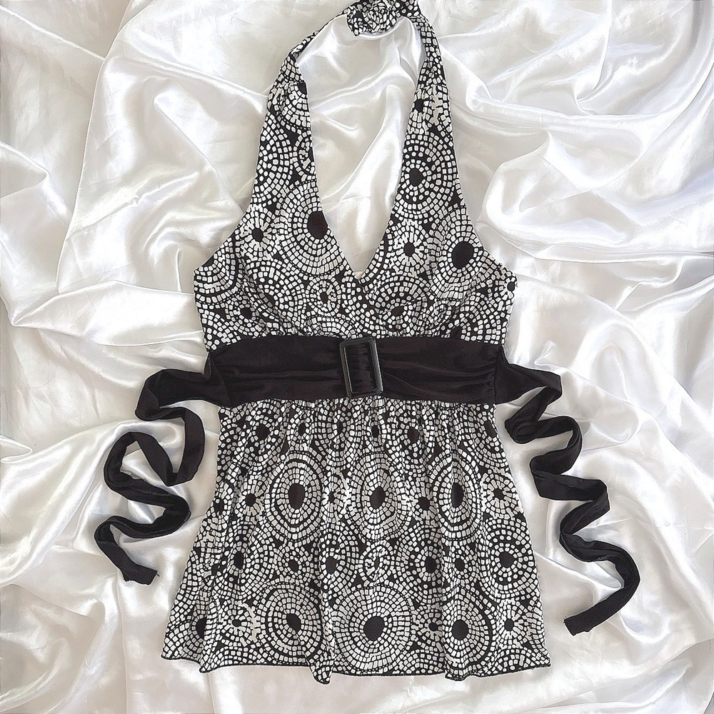 Wrapper Halter Top Black White Mosaic Circle Print Buckle Waist Y2K Medium
